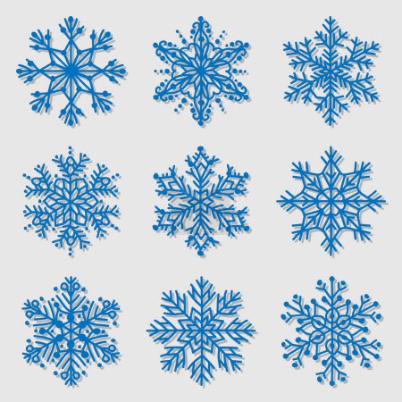 Téléchargez les illustrations : Collection d'icônes de flocon de neige bleu isolé sur fond blanc. - en licence libre de droit