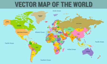 Ilustración de Mapa vectorial del mundo con los nombres de los países, con las fronteras de los países. - Imagen libre de derechos