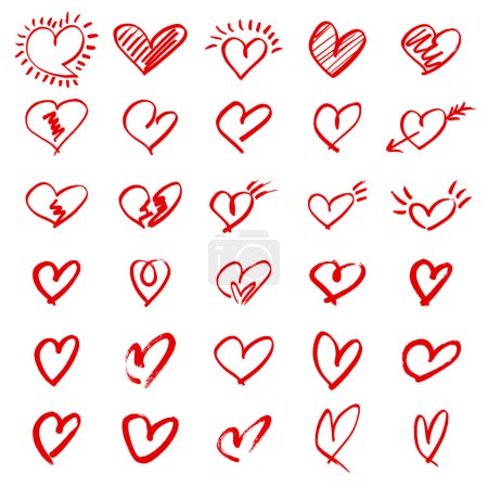 Illustration for Red hearts set of hand drawn sketch heart icons. - Royalty Free Image