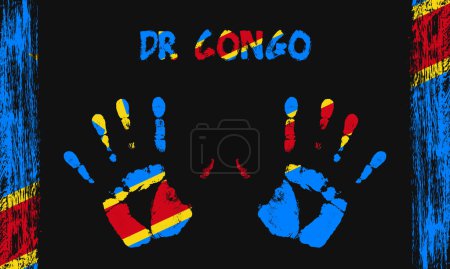 Téléchargez les illustrations : Drapeau vectoriel de la RD Congo sous la forme de paumes paisibles avec texte et coups de pinceau sur un fond noir. - en licence libre de droit