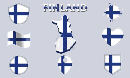 Collection of flags and coats of arms of Finland in flat style with map and text.