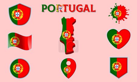 Sammlung von Flaggen und Wappen Portugals in flachem Stil mit Karte und Text.