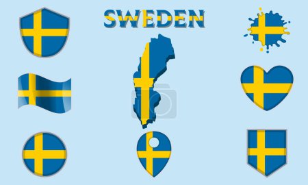 Collection de drapeaux et armoiries de la Suède en style plat avec carte et texte.