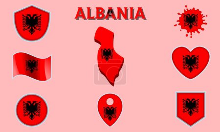 Collection de drapeaux et armoiries de l'Albanie en style plat avec carte et texte.