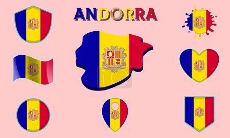 Collection de drapeaux et armoiries d'Andorre en style plat avec carte et texte.