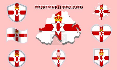 Sammlung von Flaggen und Wappen Nordirlands in flachem Stil mit Karte und Text.