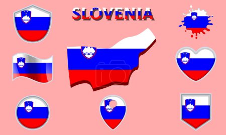 Téléchargez les illustrations : Collection de drapeaux et armoiries de Slovénie en style plat avec carte et texte. - en licence libre de droit