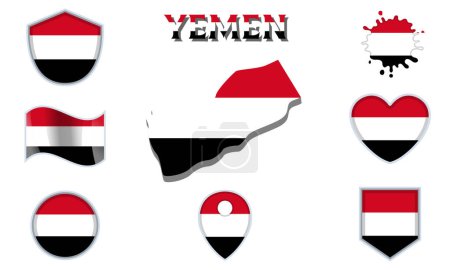 Sammlung von Flaggen und Wappen des Jemen in flachem Stil mit Karte und Text.