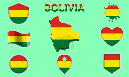 Collection of flags and coats of arms of Bolivia in flat style with map and text.