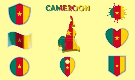 Collection de drapeaux et armoiries du Cameroun en style plat avec carte et texte.