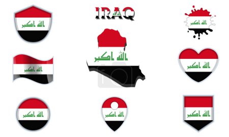 Illustration for Collection of flags and coats of arms of Iraq in flat style with map and text. - Royalty Free Image