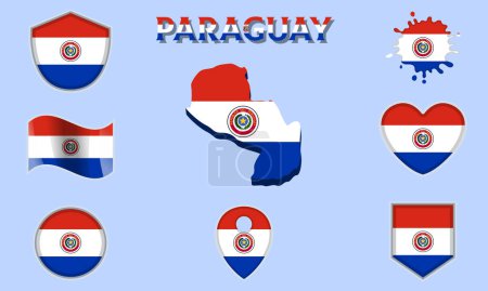 Colección de banderas y escudos de Paraguay en estilo plano con mapa y texto.
