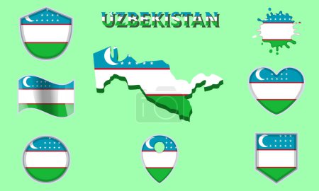 Collection de drapeaux et armoiries de l'Ouzbékistan en style plat avec carte et texte.
