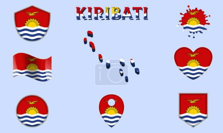 Sammlung von Flaggen und Wappen Kiribatis in flachem Stil mit Karte und Text.