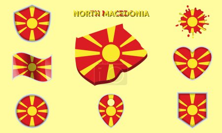 Sammlung von Flaggen und Wappen Nordmakedoniens in flachem Stil mit Karte und Text.