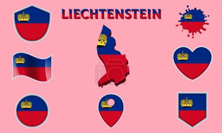 Sammlung von Flaggen und Wappen Liechtensteins in flachem Stil mit Karte und Text.