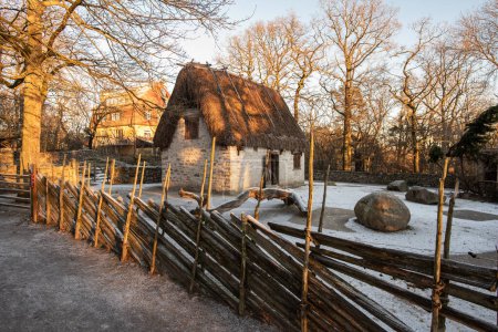 Photo for Stockholm, Sweden - December 24, 2022: Old typical barn from rural Sweden in Skansen - Royalty Free Image