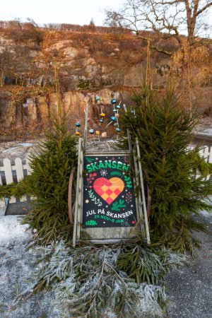 Photo for Stockholm, Sweden - December 24, 2022: Seasonal welcoming sign at the entrance of Skansen park - Royalty Free Image