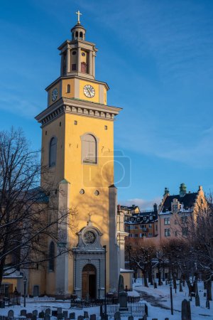 Photo for Stockholm, Sweden - March 10, 2023: Maria Magdalena kyrka (Saint Maria Magdalena church) winter photo - Royalty Free Image