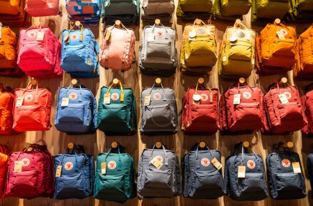 Photo for Stockholm, Sweden - March 10, 2023: colorful Fjllrven backpacks display - Royalty Free Image