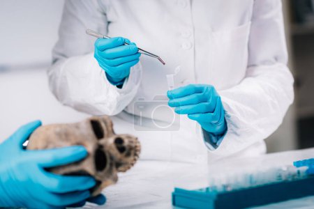 Photo for Bioarcheology. Young female archaeologist analyzing human skull in ancient DNA laboratory. - Royalty Free Image
