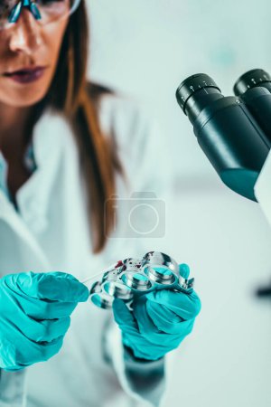 Foto de Ciencias forenses en el laboratorio. Científico forense examinando nudillos de latón con evidencias - Imagen libre de derechos