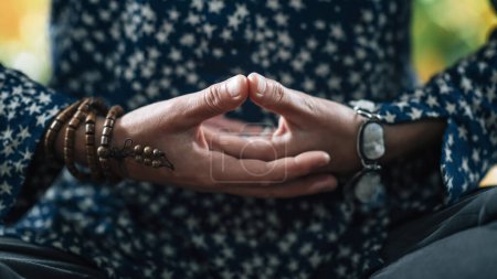 Photo for Dhyana Mudra. Hand gesture holding fingers in Dhyana Mudra for meditation, self-healing and improving concentration. - Royalty Free Image
