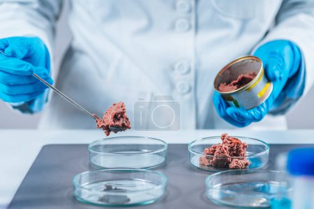 Photo for Microbiologist preparing sample of canned pet food for quality control test in laboratory. - Royalty Free Image