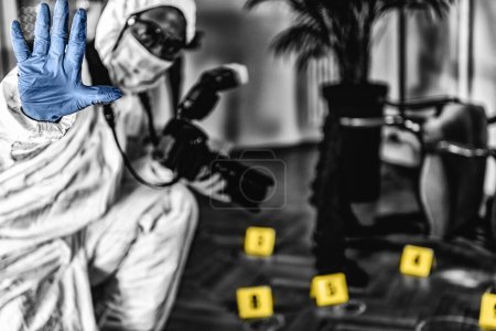 Photo for Police Forensic Detective Photographing Crime Scene, Collecting Evidence - Royalty Free Image