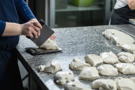 Photo for Chefs hand preparing round pieces of dough for pizza in restaurant kitchen - Royalty Free Image