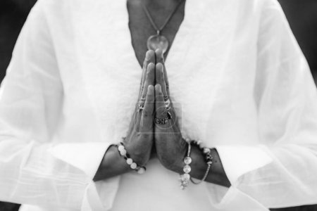 Photo for Gratefulness  Woman expressing gratitude with hands. Close up image of female hands in prayer position outdoor. Self-care practice for wellbeing - Royalty Free Image