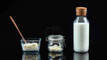 Foto de Granos probióticos de kéfir. Granos de kéfir en un tazón y frasco, y una botella de leche sobre fondo negro. - Imagen libre de derechos