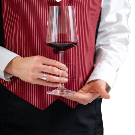 Téléchargez les photos : Sommelier tourbillonnant du vin rouge dans un verre à vin, gros plan, isolé sur fond blanc - en image libre de droit