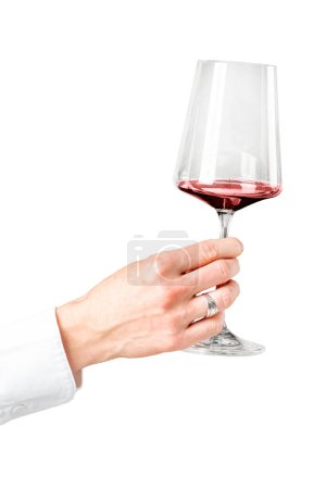 Foto de Sommelier remolino de vino tinto en copa de vino, primer plano, aislado sobre un fondo blanco - Imagen libre de derechos