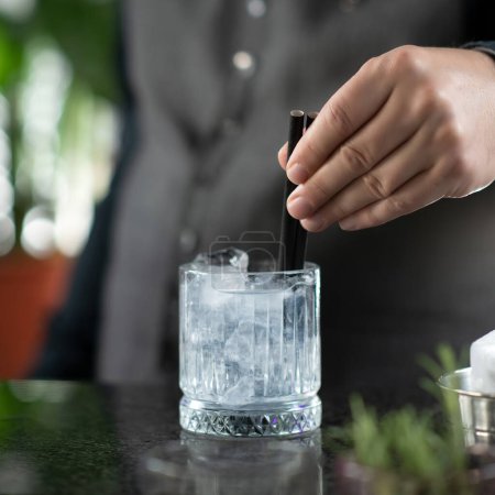 Téléchargez les photos : Barman mélange savamment saveurs aromatiques Gin et Tonic cocktail - en image libre de droit