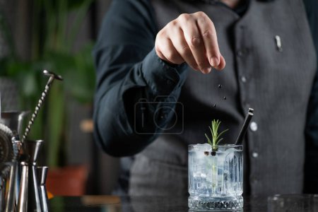 Foto de Cóctel hecho a mano de Gin Tonic servido con el toque aromático de bayas de enebro secas, preparado por expertos barman - Imagen libre de derechos