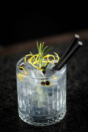 Téléchargez les photos : Cocktail tonique gin avec une touche de baies de genièvre séchées écorce de citron et d'herbe de romarin. - en image libre de droit