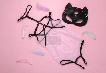Téléchargez les photos : BDSM lingerie sexy avec masque de chat en cuir et plumes sur fond rose - en image libre de droit