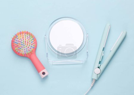 Photo for Beauty care accessories on blue background. Flat lay composition - Royalty Free Image