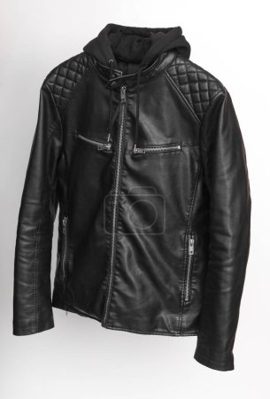 Leather biker jacket with a hood on a white background