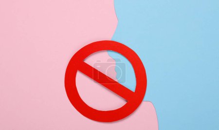 Photo for Paper cut face silhouette with prohibition sign on pink background. Prohibition of freedom of speech, censorship - Royalty Free Image