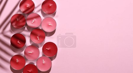 Téléchargez les photos : Bougies de thé arôme avec l'ombre de la feuille de palme sur fond rose. Vue de dessus. Espace de copie - en image libre de droit