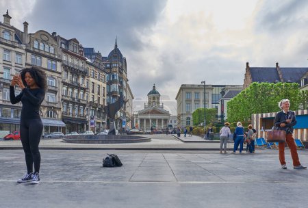 Photo for Brussels, Beigium - September 6, 2018: Tourists in Monts des Artes, Albertine square - Royalty Free Image