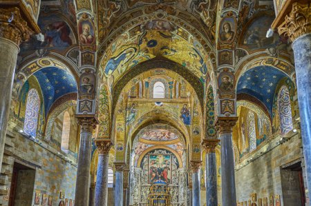 Photo for Palermo, Italy - December 26, 2018:  The Byzantine mosaics inside the church of Santa Maria dell'Ammiraglio, also known as La Martorana - Royalty Free Image