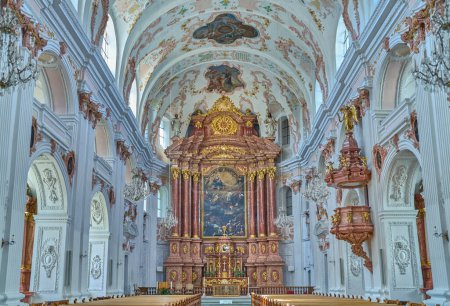 Photo for Lucerne, Switzerland - July 13, 2022: The nave with the altar and the wooden pulpit of the Jesuit church - Royalty Free Image