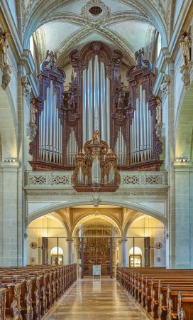 Photo for Lucerne, Switzerland - July 13, 2022:   The nave with the organ of St. Leodegar church - Royalty Free Image