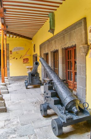 Téléchargez les photos : Las Palmas, Gran Canaria, Espagne - 17 mars 2023 : Anciens canons dans la cour du musée de Christophe Colomb - en image libre de droit
