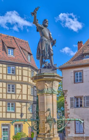 Photo for Colmar, France, the fountain and statue of Baron Lazare de Schwendi in Custom square - Royalty Free Image