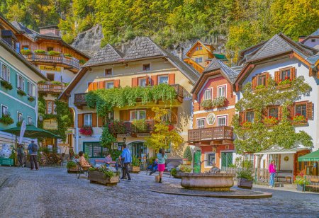 Photo for Hallstatt, Austria - October 7, 2022: Tourists in the Market square of the village - Royalty Free Image