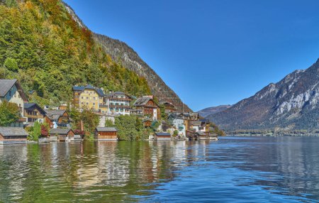 Hallstatt, Austria, view of the village vith the traditional houses and the wooden boat sheds on the Hallstatter see or Hallstatt lake